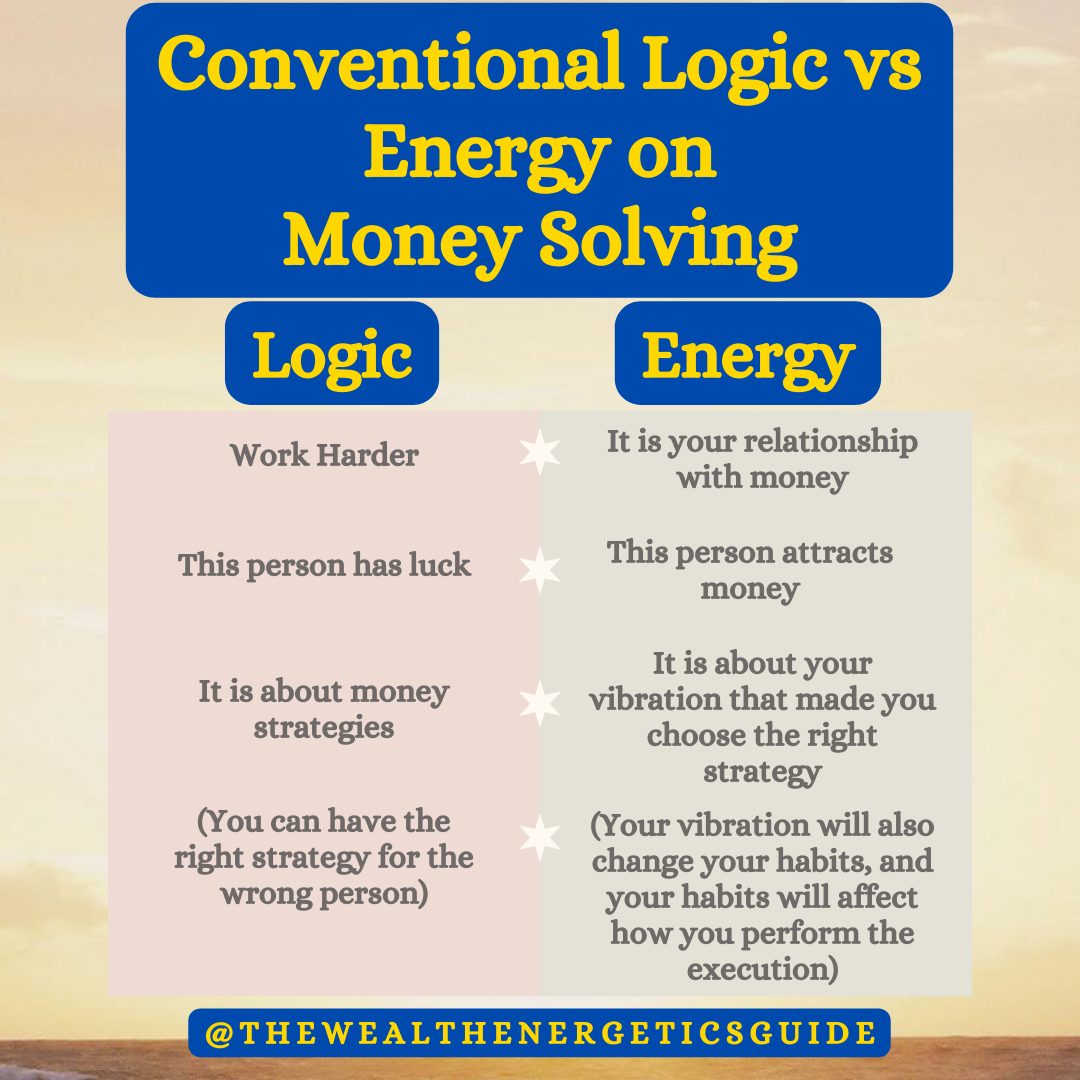 Conventional Logic vs
           Energy on           
       Money Solving
Work Harder vs It is your relationship with money
This person has luck vs This person attracts money
It is about money strategies vs It is about your vibration that made you choose the right strategy
(You can have the right strategy for the wrong person) vs (Your vibration will also change your habits, and your habits will affect how you perform the execution)
@thewealthenergeticsguide